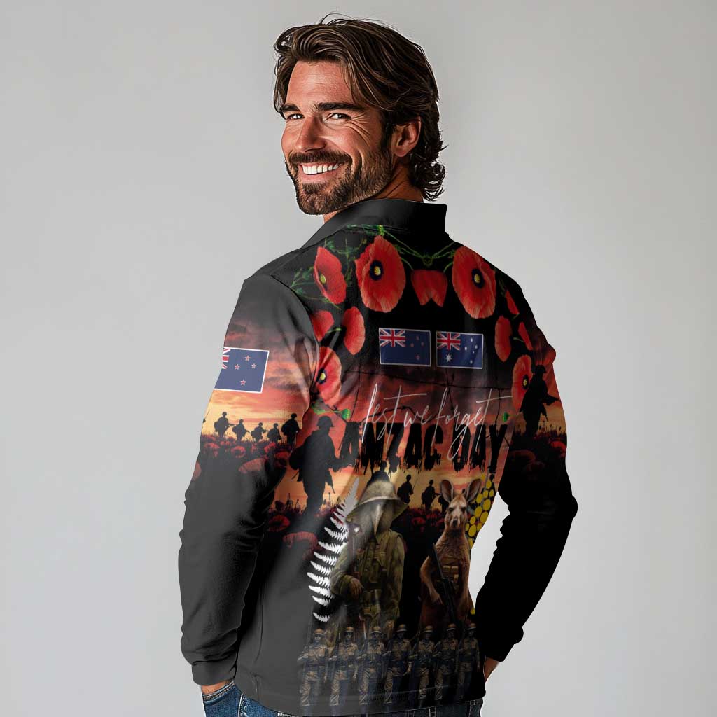 Australia and New Zealand ANZAC Day Long Sleeve Polo Shirt Kangaroo and Kiwi Bird Soldier - Forever in My Thoughts LT03 - Polynesian Pride