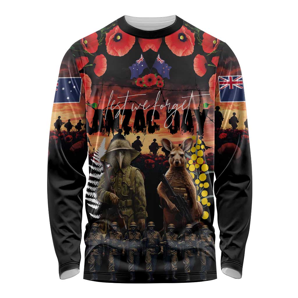 Australia and New Zealand ANZAC Day Long Sleeve Shirt Kangaroo and Kiwi Bird Soldier - Forever in My Thoughts LT03 Unisex Black - Polynesian Pride
