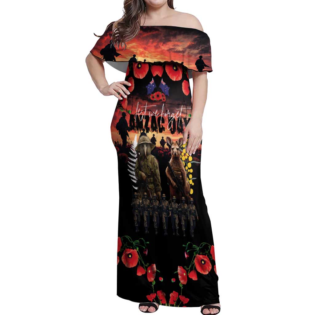 Australia and New Zealand ANZAC Day Off Shoulder Maxi Dress Kangaroo and Kiwi Bird Soldier - Forever in My Thoughts LT03 Women Black - Polynesian Pride