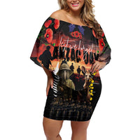 Australia and New Zealand ANZAC Day Off Shoulder Short Dress Kangaroo and Kiwi Bird Soldier - Forever in My Thoughts LT03 Women Black - Polynesian Pride