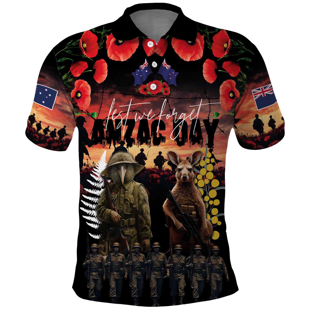 Australia and New Zealand ANZAC Day Polo Shirt Kangaroo and Kiwi Bird Soldier - Forever in My Thoughts LT03 Black - Polynesian Pride