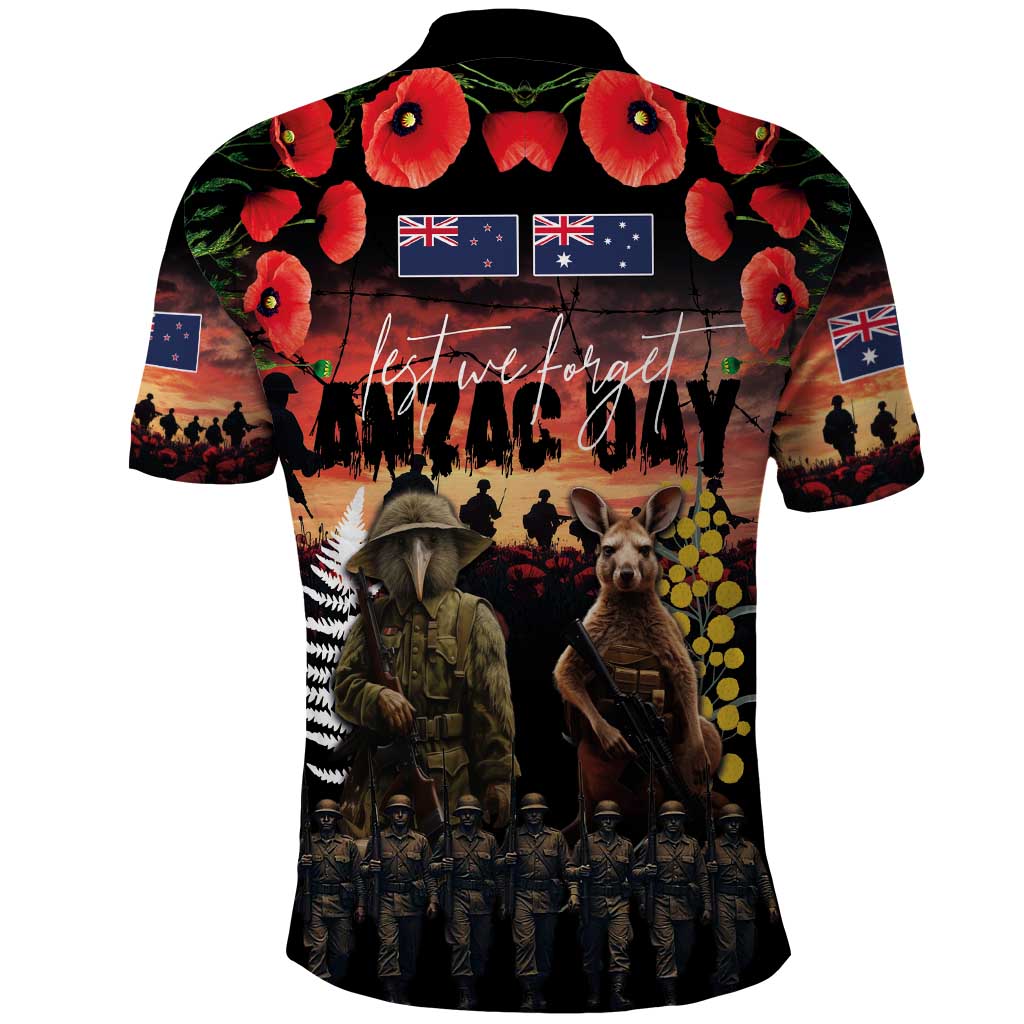 Australia and New Zealand ANZAC Day Polo Shirt Kangaroo and Kiwi Bird Soldier - Forever in My Thoughts LT03 - Polynesian Pride