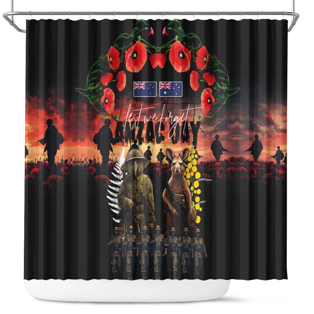 Australia and New Zealand ANZAC Day Shower Curtain Kangaroo and Kiwi Bird Soldier - Forever in My Thoughts LT03 Black - Polynesian Pride
