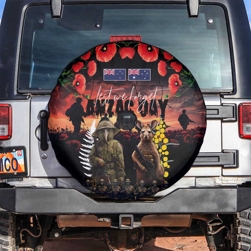 Australia and New Zealand ANZAC Day Spare Tire Cover Kangaroo and Kiwi Bird Soldier - Forever in My Thoughts LT03 Black - Polynesian Pride