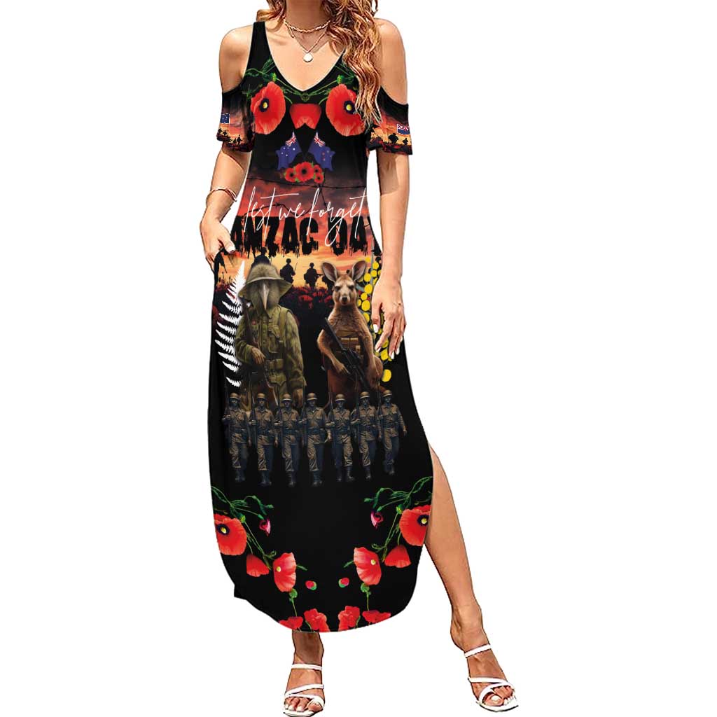 Australia and New Zealand ANZAC Day Summer Maxi Dress Kangaroo and Kiwi Bird Soldier - Forever in My Thoughts LT03 Women Black - Polynesian Pride