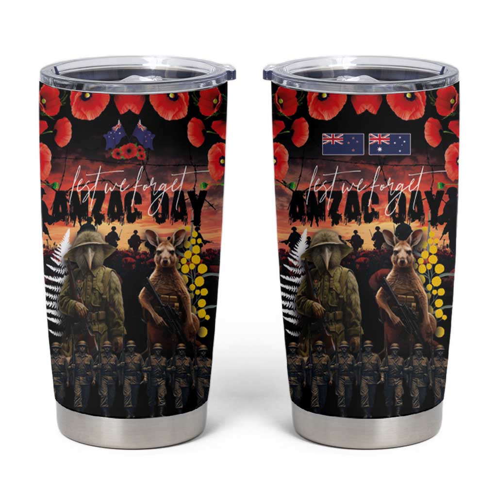 Australia and New Zealand ANZAC Day Tumbler Cup Kangaroo and Kiwi Bird Soldier Forever in My Thoughts LT03 Black - Polynesian Pride