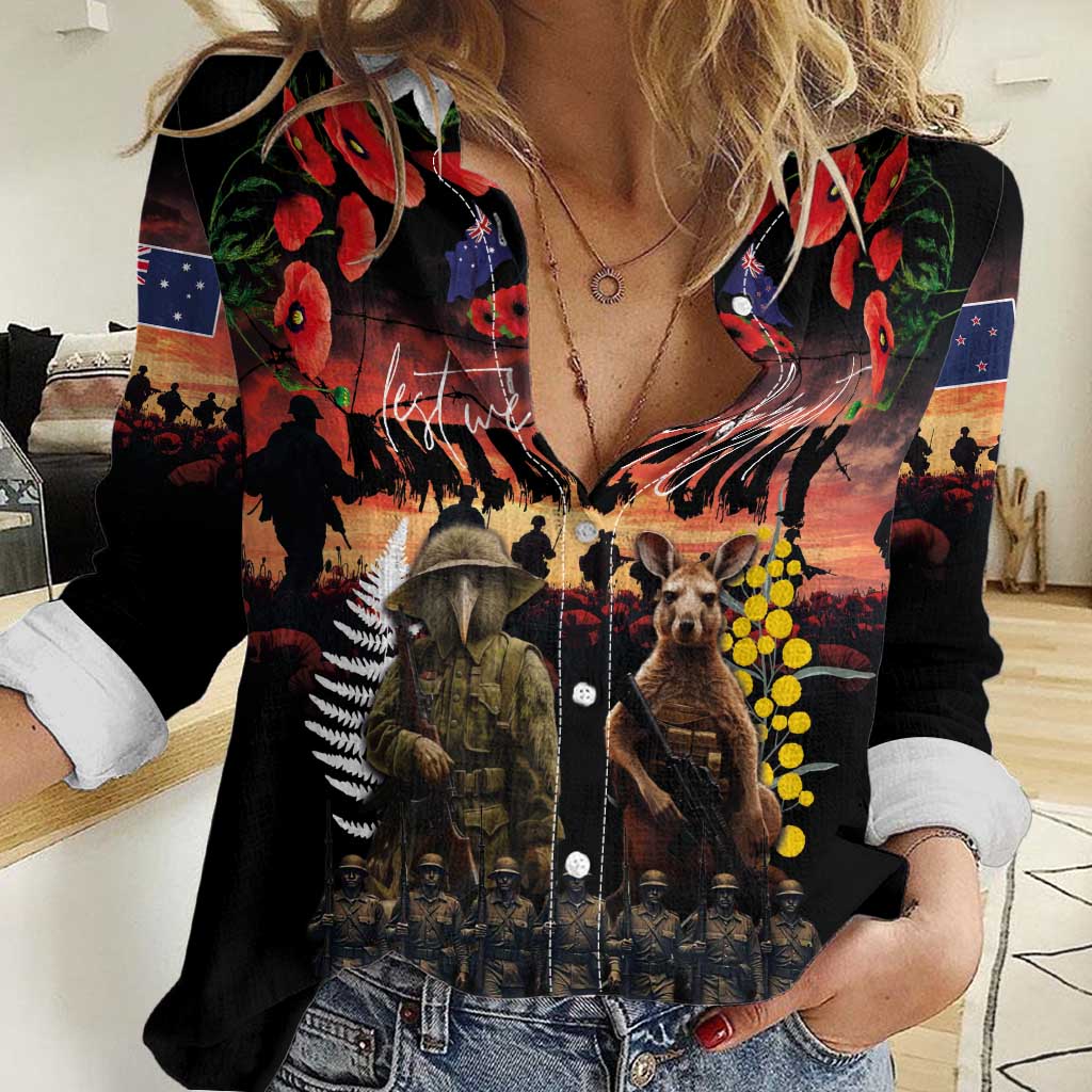 Australia and New Zealand ANZAC Day Women Casual Shirt Kangaroo and Kiwi Bird Soldier - Forever in My Thoughts LT03 Female Black - Polynesian Pride