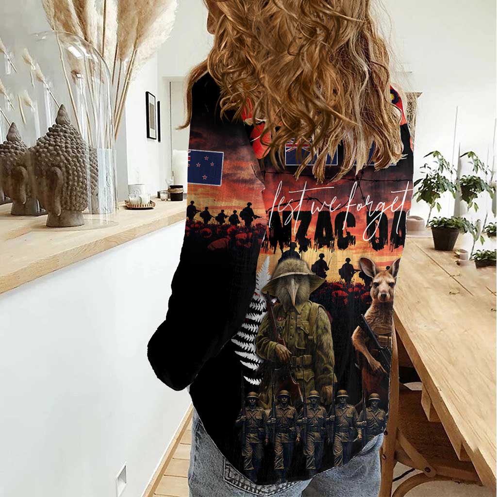Australia and New Zealand ANZAC Day Women Casual Shirt Kangaroo and Kiwi Bird Soldier - Forever in My Thoughts LT03 - Polynesian Pride