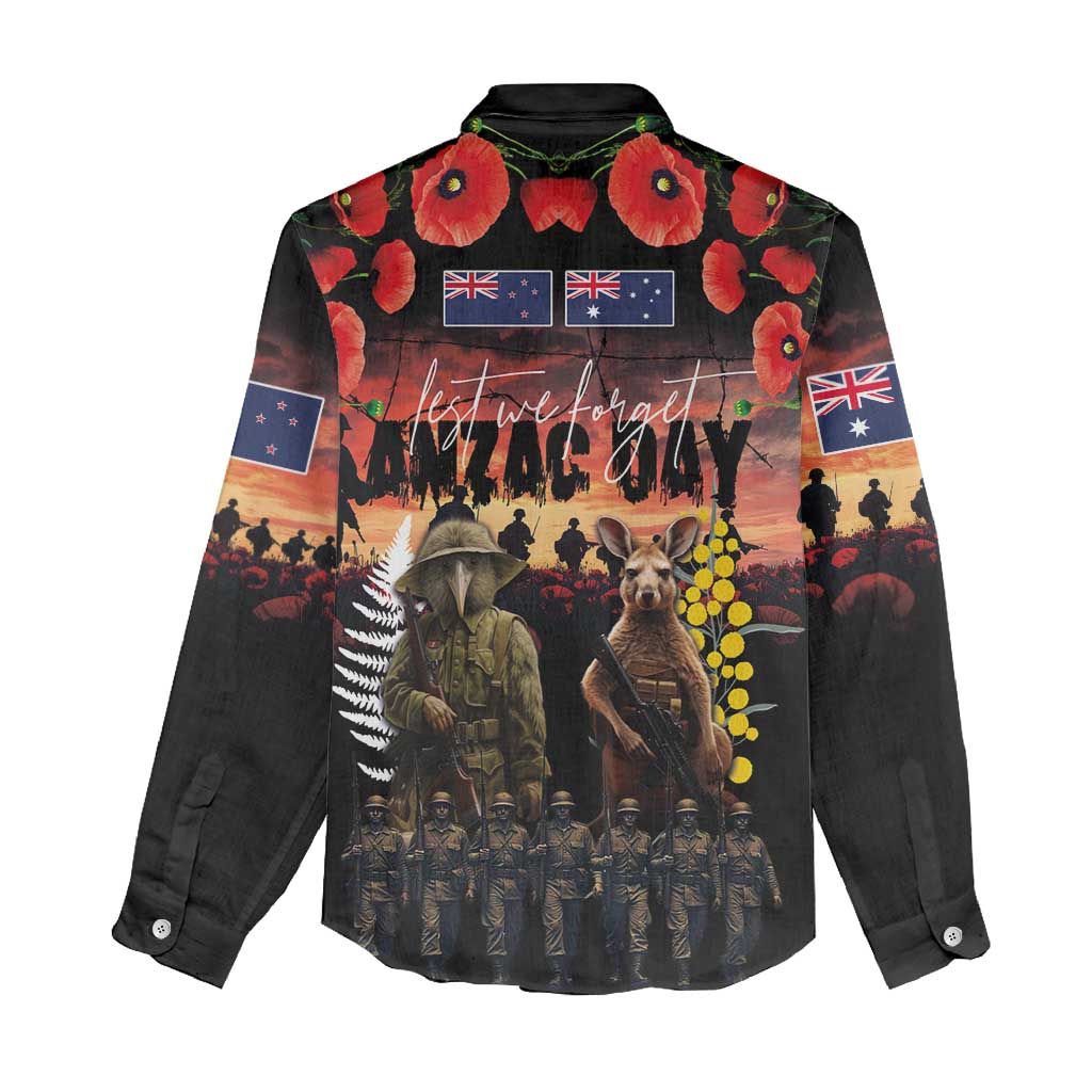 Australia and New Zealand ANZAC Day Women Casual Shirt Kangaroo and Kiwi Bird Soldier - Forever in My Thoughts LT03 - Polynesian Pride