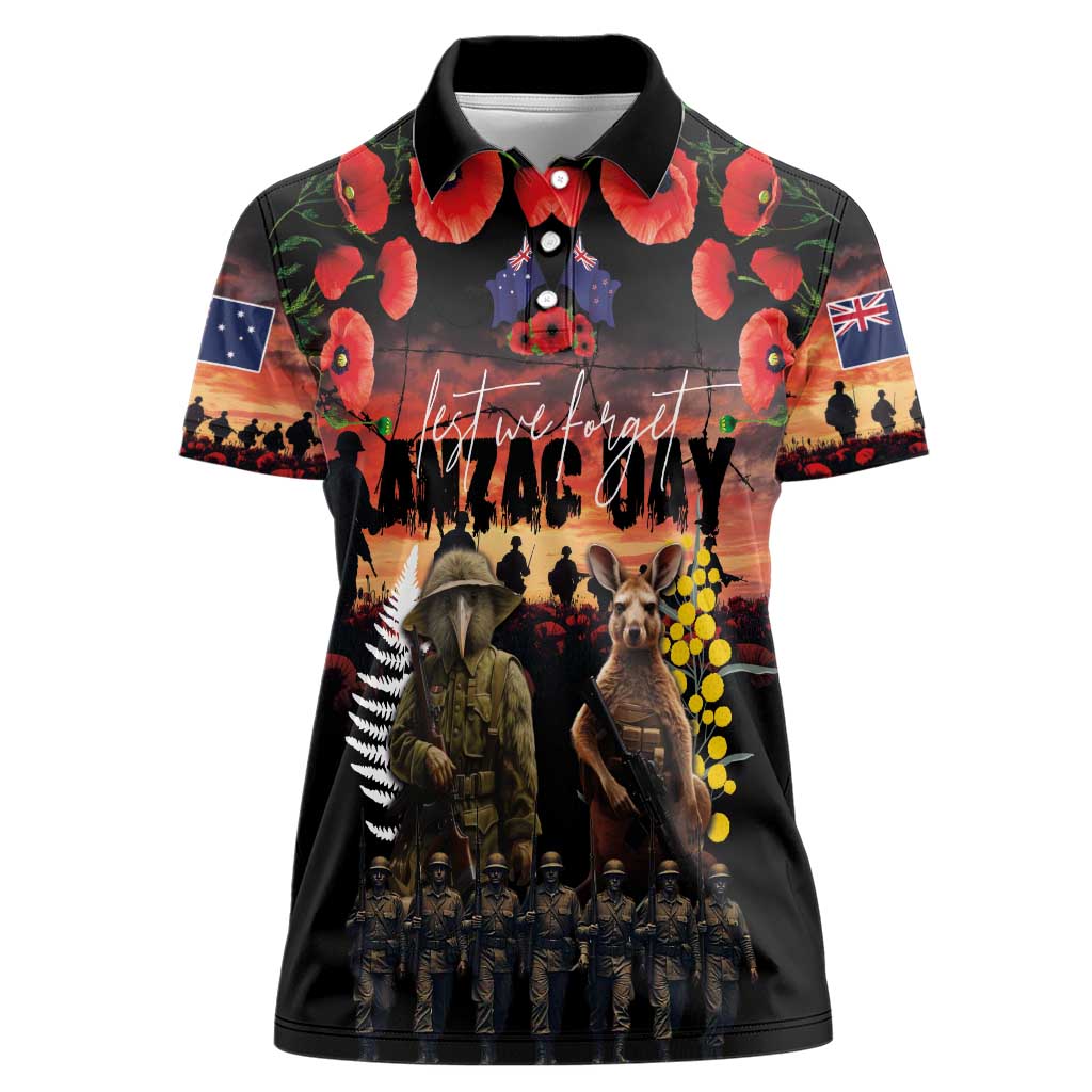 Australia and New Zealand ANZAC Day Women Polo Shirt Kangaroo and Kiwi Bird Soldier - Forever in My Thoughts LT03 Female Black - Polynesian Pride
