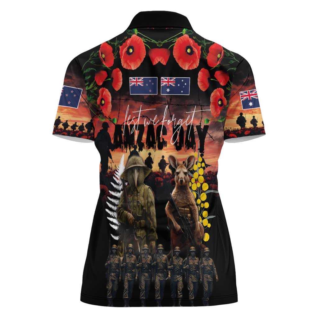 Australia and New Zealand ANZAC Day Women Polo Shirt Kangaroo and Kiwi Bird Soldier - Forever in My Thoughts LT03 - Polynesian Pride