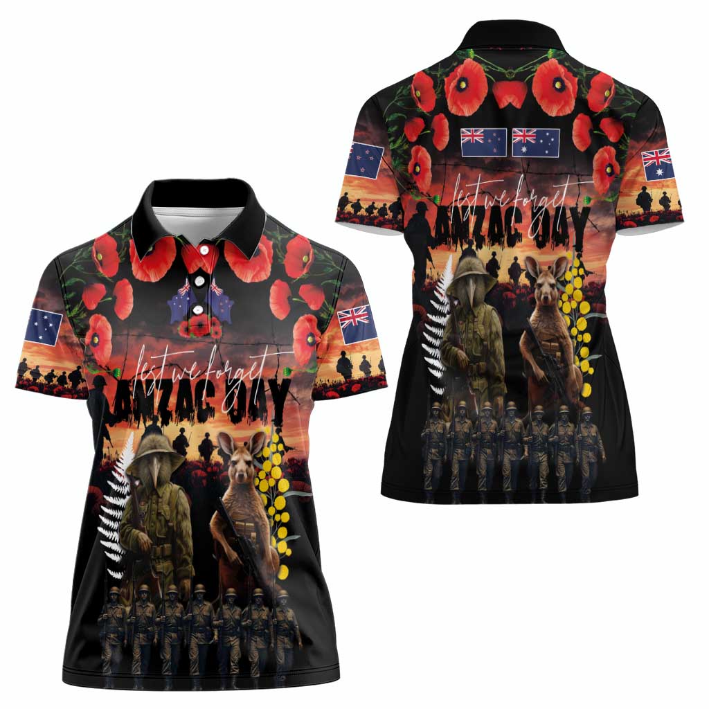 Australia and New Zealand ANZAC Day Women Polo Shirt Kangaroo and Kiwi Bird Soldier - Forever in My Thoughts LT03 - Polynesian Pride