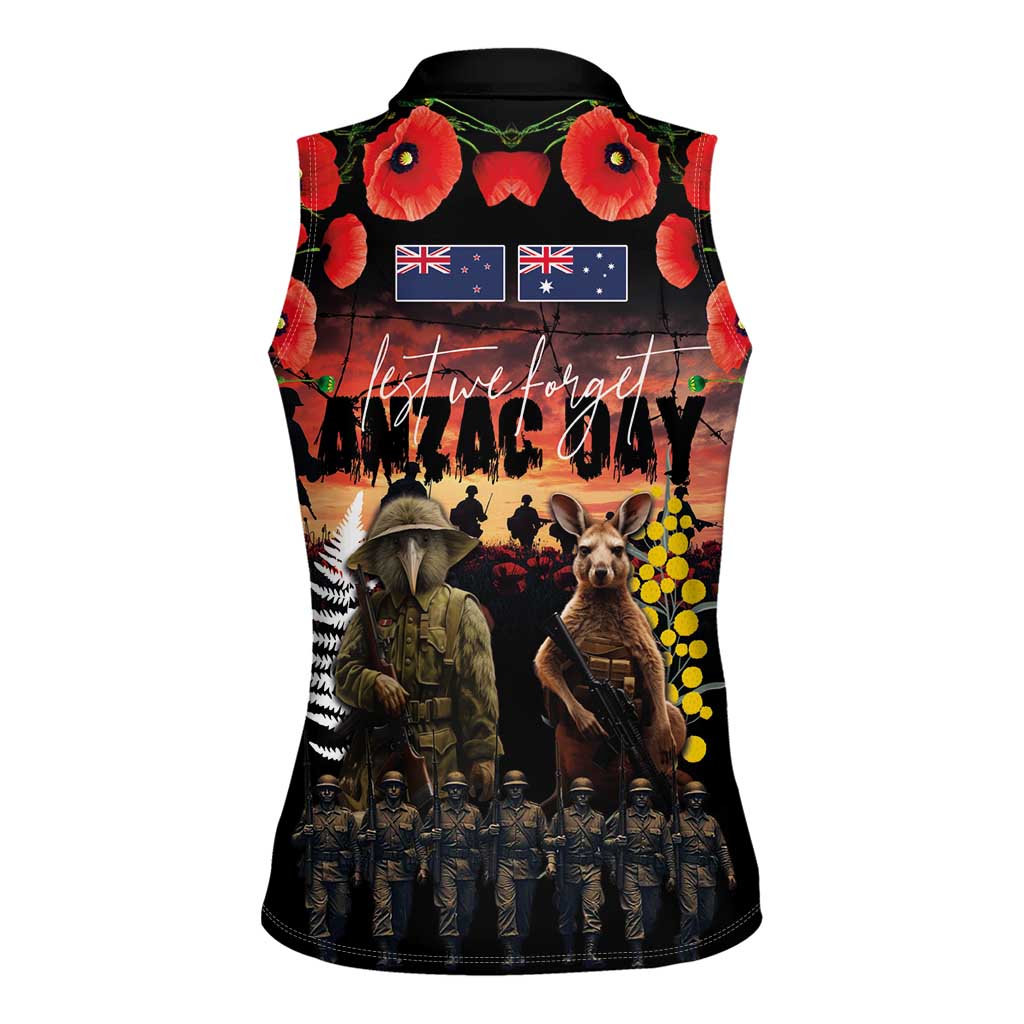 Australia and New Zealand ANZAC Day Women Sleeveless Polo Shirt Kangaroo and Kiwi Bird Soldier - Forever in My Thoughts LT03 - Polynesian Pride