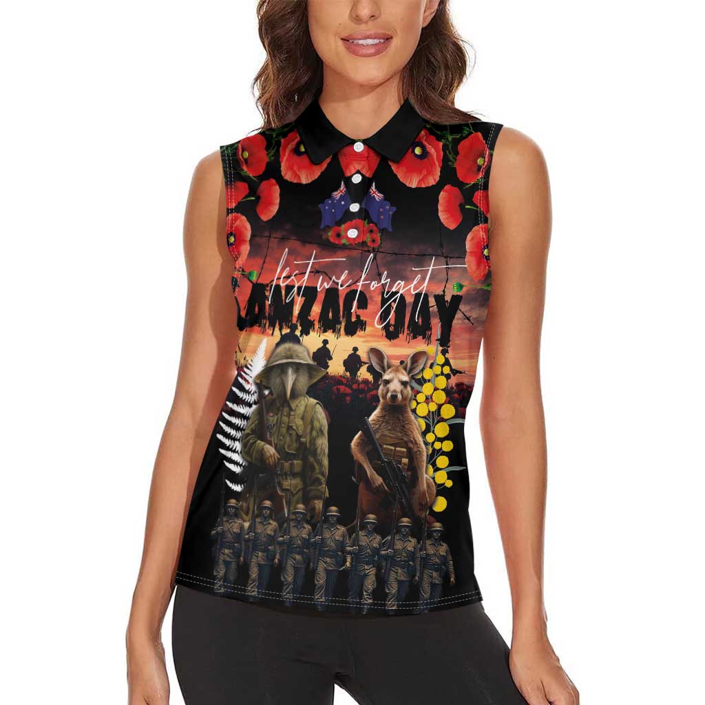 Australia and New Zealand ANZAC Day Women Sleeveless Polo Shirt Kangaroo and Kiwi Bird Soldier - Forever in My Thoughts LT03 - Polynesian Pride