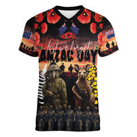 Australia and New Zealand ANZAC Day Women V-Neck T-Shirt Kangaroo and Kiwi Bird Soldier - Forever in My Thoughts LT03 Female Black - Polynesian Pride
