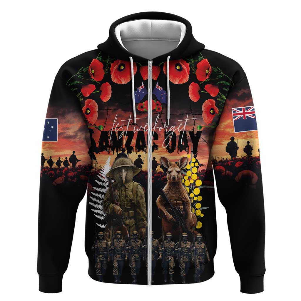 Australia and New Zealand ANZAC Day Zip Hoodie Kangaroo and Kiwi Bird Soldier - Forever in My Thoughts LT03 Zip Hoodie Black - Polynesian Pride