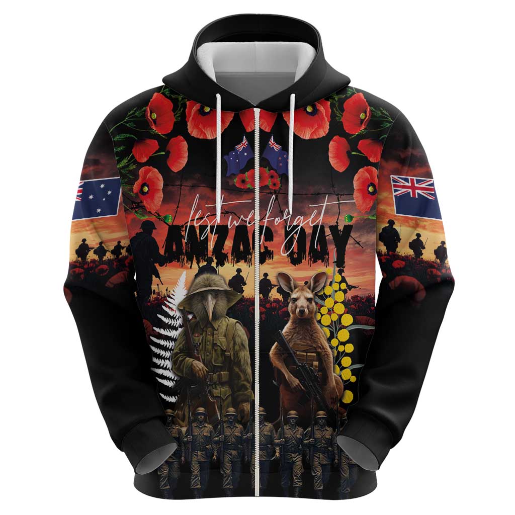 Australia and New Zealand ANZAC Day Zip Hoodie Kangaroo and Kiwi Bird Soldier - Forever in My Thoughts LT03 - Polynesian Pride