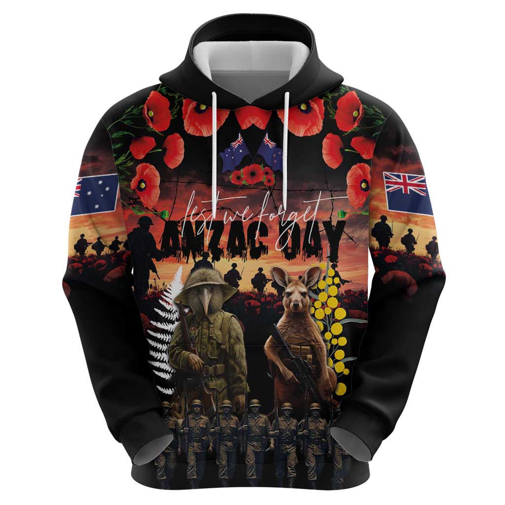 Australia and New Zealand ANZAC Day Zip Hoodie Kangaroo and Kiwi Bird Soldier - Forever in My Thoughts LT03 - Polynesian Pride