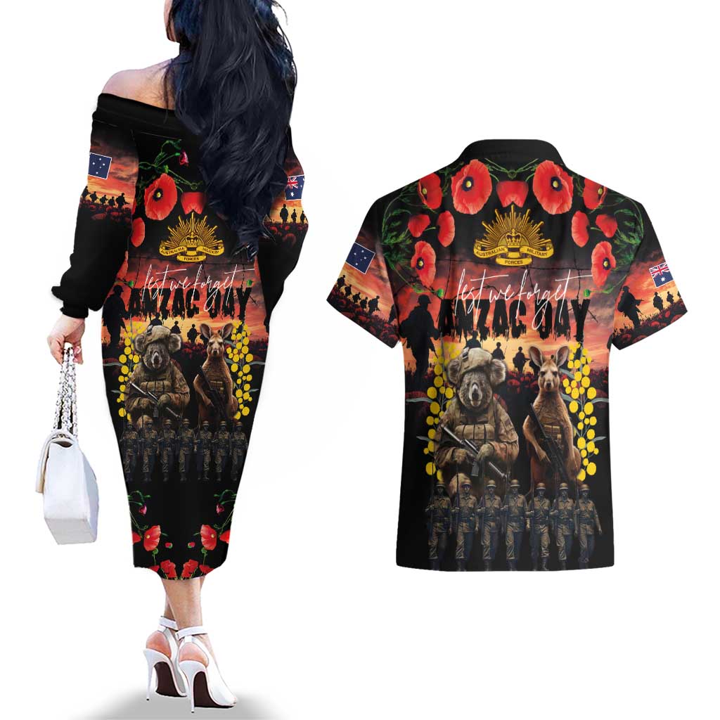 Australia ANZAC Day Couples Matching Off The Shoulder Long Sleeve Dress and Hawaiian Shirt Kangaroo and Koala Soldier - Forever in My Thoughts LT03 - Polynesian Pride