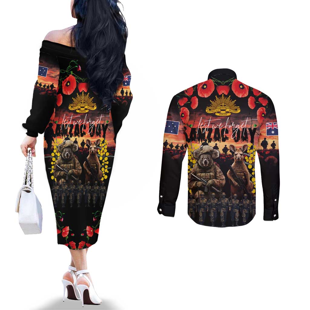 Australia ANZAC Day Couples Matching Off The Shoulder Long Sleeve Dress and Long Sleeve Button Shirt Kangaroo and Koala Soldier - Forever in My Thoughts