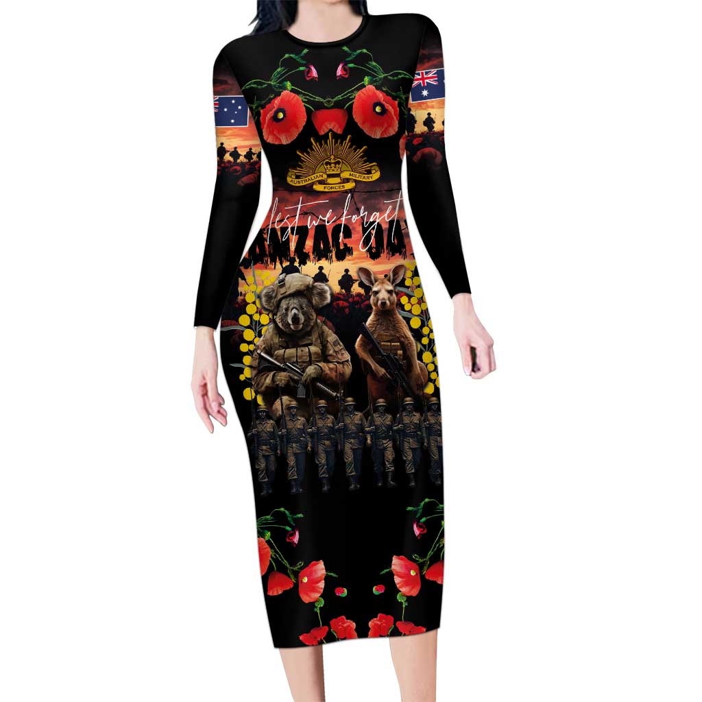 Australia ANZAC Day Family Matching Long Sleeve Bodycon Dress and Hawaiian Shirt Kangaroo and Koala Soldier - Forever in My Thoughts LT03 Mom's Dress Black - Polynesian Pride