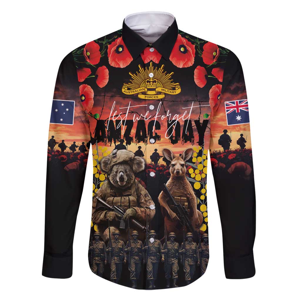 Australia ANZAC Day Family Matching Mermaid Dress and Hawaiian Shirt Kangaroo and Koala Soldier - Forever in My Thoughts LT03 Dad's Shirt - Long Sleeve Black - Polynesian Pride
