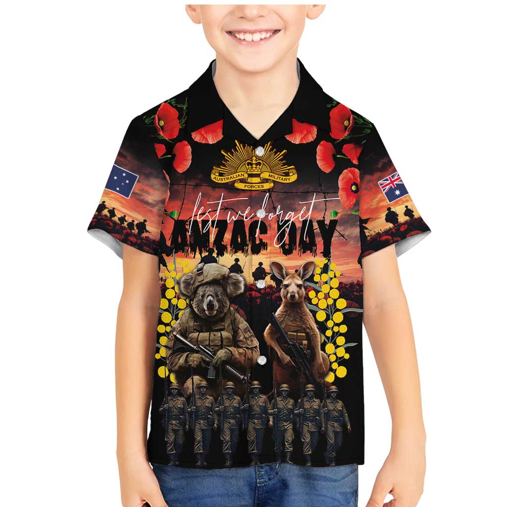 Australia ANZAC Day Family Matching Mermaid Dress and Hawaiian Shirt Kangaroo and Koala Soldier - Forever in My Thoughts LT03 Son's Shirt Black - Polynesian Pride