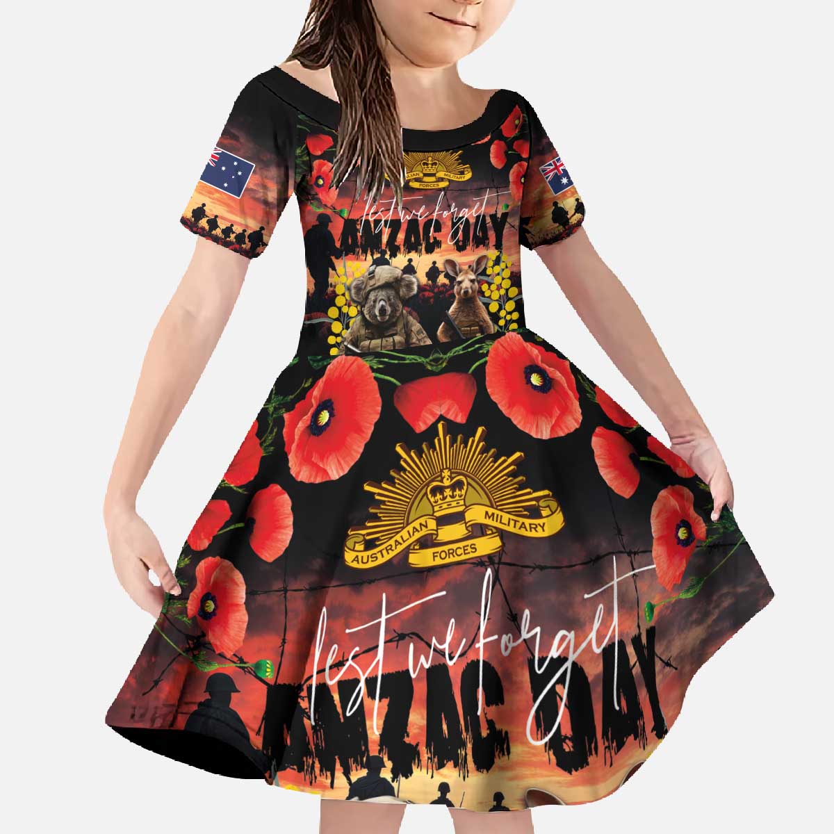 Australia ANZAC Day Family Matching Off The Shoulder Long Sleeve Dress and Hawaiian Shirt Kangaroo and Koala Soldier - Forever in My Thoughts LT03 Daughter's Dress Black - Polynesian Pride