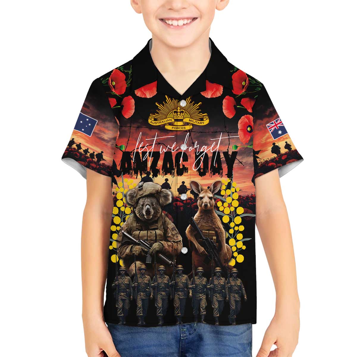 Australia ANZAC Day Family Matching Off The Shoulder Long Sleeve Dress and Hawaiian Shirt Kangaroo and Koala Soldier - Forever in My Thoughts LT03 Son's Shirt Black - Polynesian Pride