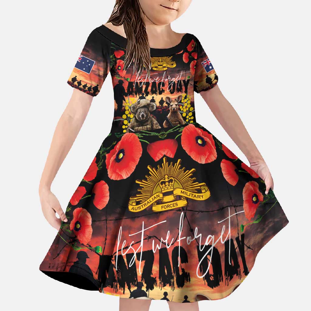 Australia ANZAC Day Family Matching Off Shoulder Maxi Dress and Hawaiian Shirt Kangaroo and Koala Soldier - Forever in My Thoughts LT03 Daughter's Dress Black - Polynesian Pride