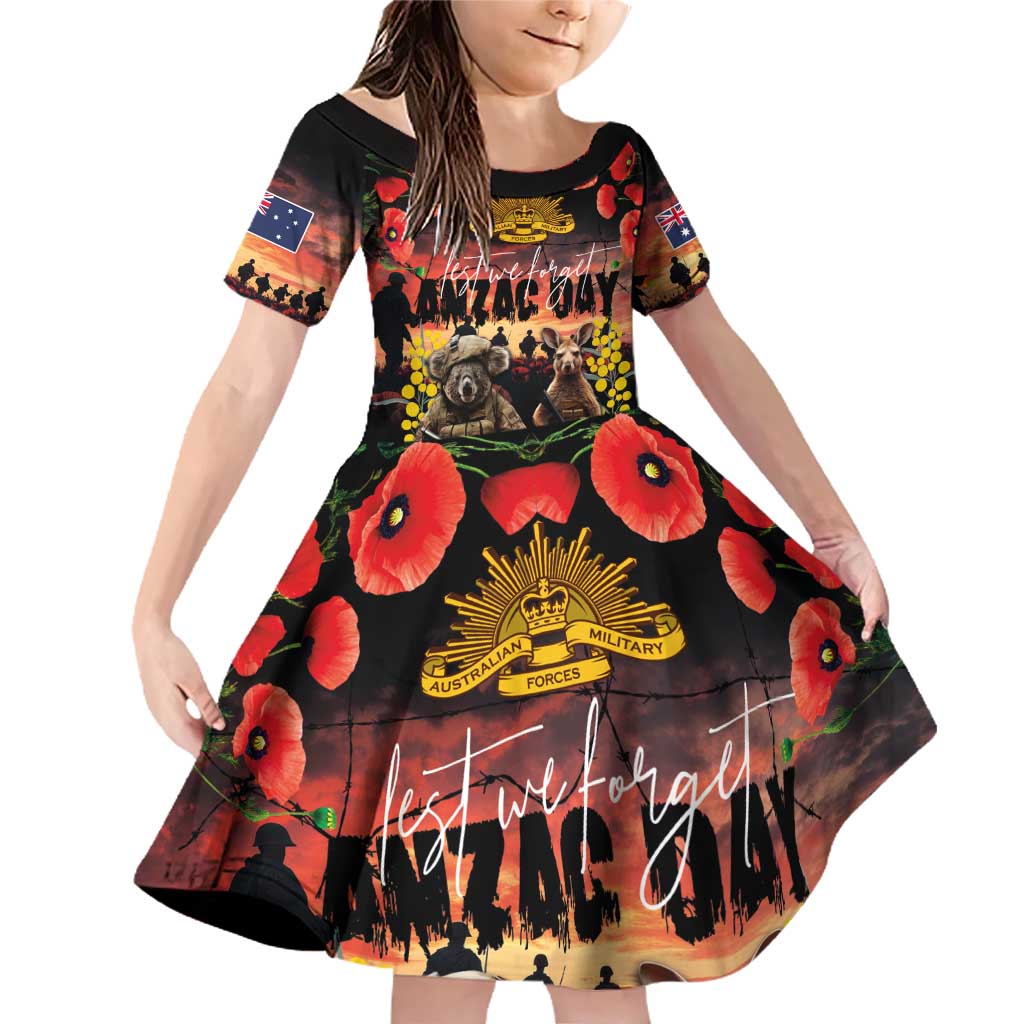 Australia ANZAC Day Family Matching Off Shoulder Short Dress and Hawaiian Shirt Kangaroo and Koala Soldier - Forever in My Thoughts LT03 Daughter's Dress Black - Polynesian Pride