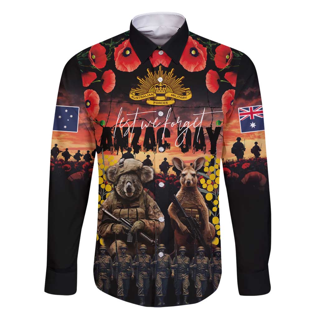 Australia ANZAC Day Family Matching Short Sleeve Bodycon Dress and Hawaiian Shirt Kangaroo and Koala Soldier - Forever in My Thoughts LT03 Dad's Shirt - Long Sleeve Black - Polynesian Pride