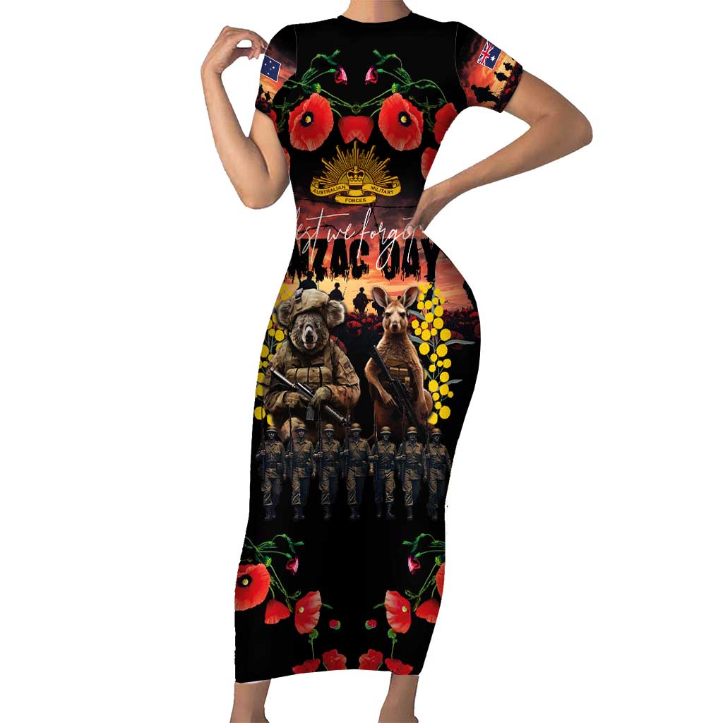 Australia ANZAC Day Family Matching Short Sleeve Bodycon Dress and Hawaiian Shirt Kangaroo and Koala Soldier - Forever in My Thoughts LT03 Mom's Dress Black - Polynesian Pride