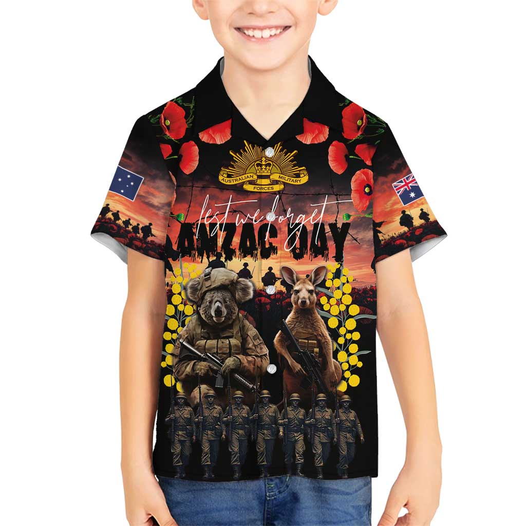 Australia ANZAC Day Family Matching Summer Maxi Dress and Hawaiian Shirt Kangaroo and Koala Soldier - Forever in My Thoughts LT03 Son's Shirt Black - Polynesian Pride