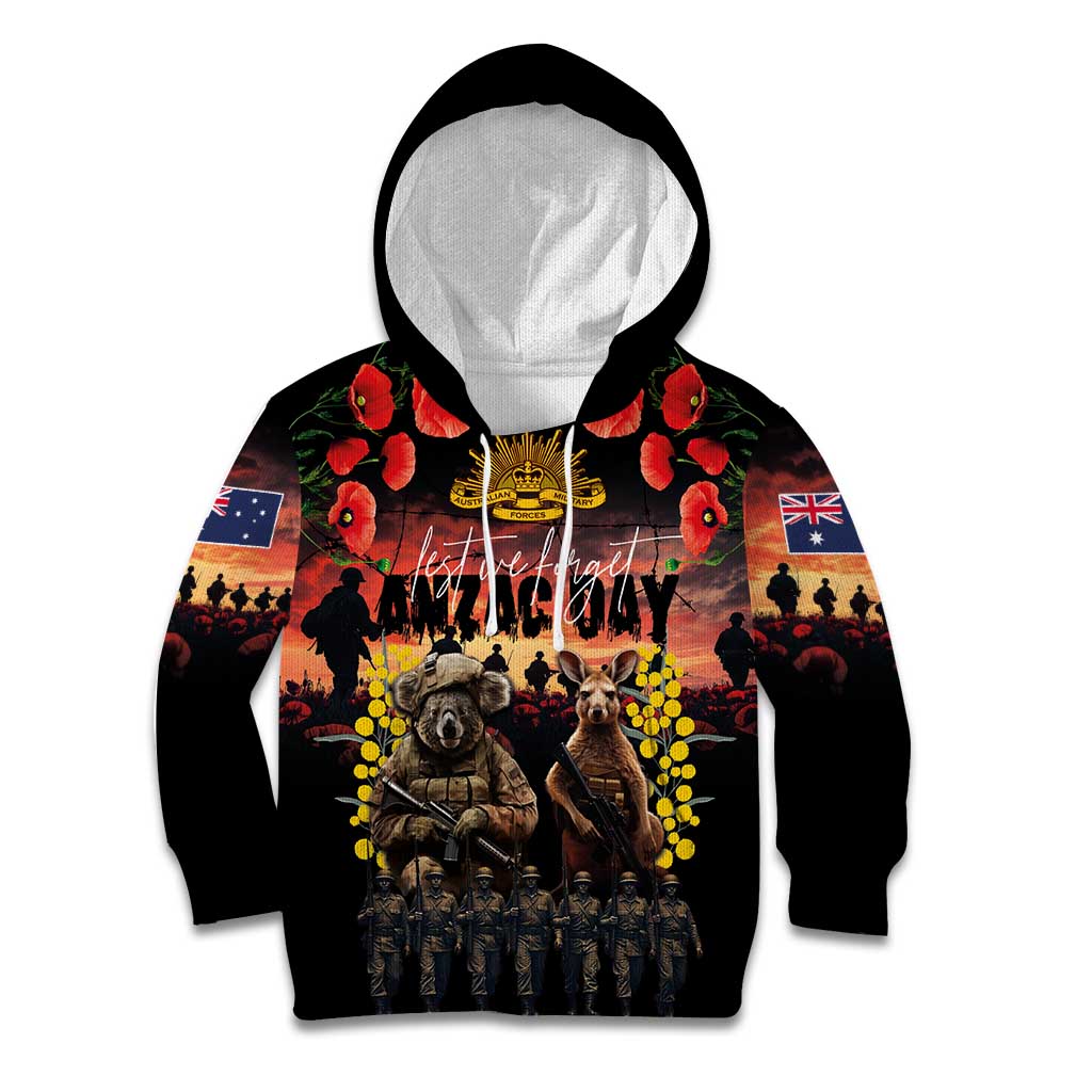 Australia ANZAC Day Kid Hoodie Kangaroo and Koala Soldier - Forever in My Thoughts LT03 Hoodie Black - Polynesian Pride