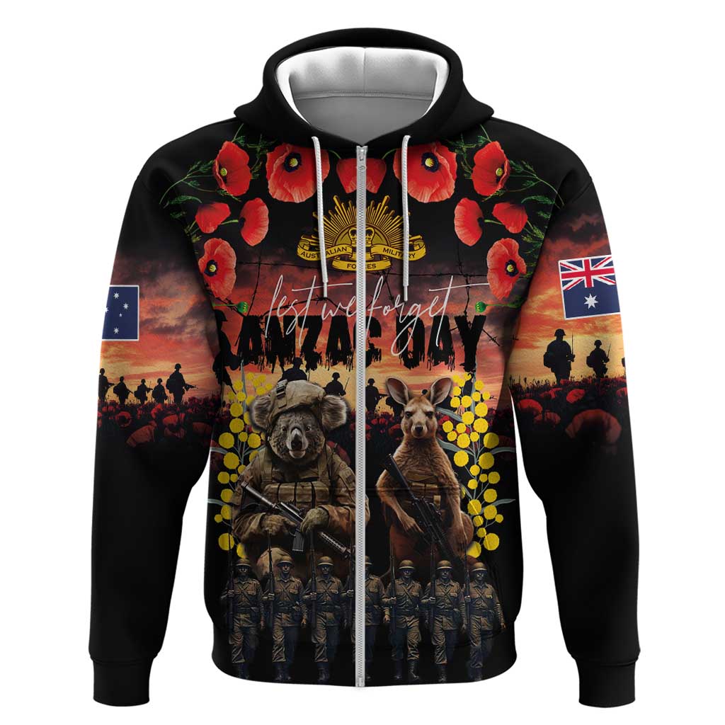 Australia ANZAC Day Zip Hoodie Kangaroo and Koala Soldier - Forever in My Thoughts LT03 Zip Hoodie Black - Polynesian Pride