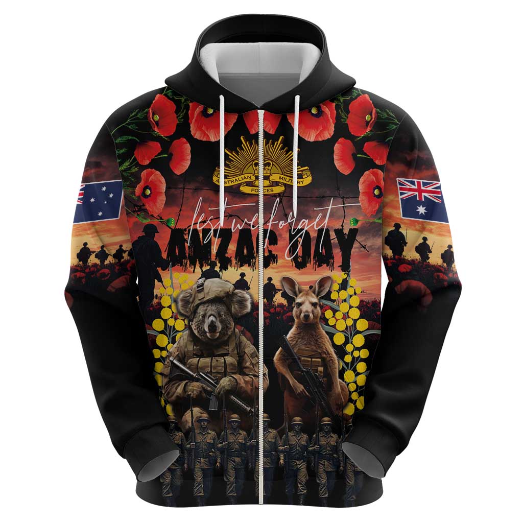 Australia ANZAC Day Zip Hoodie Kangaroo and Koala Soldier - Forever in My Thoughts LT03 - Polynesian Pride