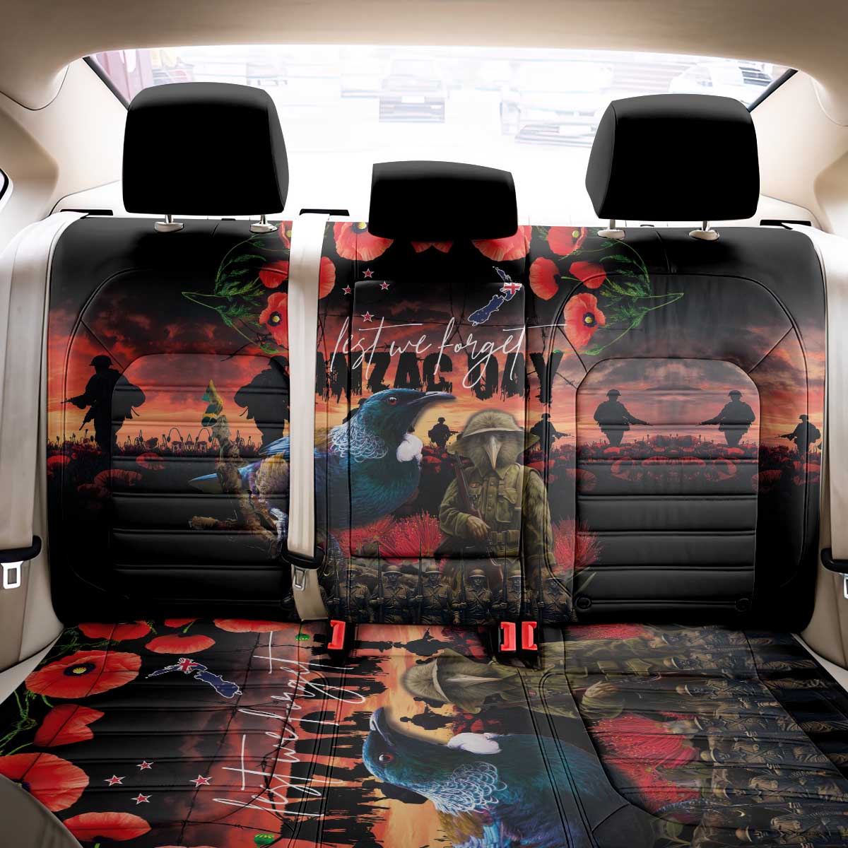 New Zealand ANZAC Day Back Car Seat Cover Tui Bird and Kiwi Bird Soldier - Forever in My Thoughts LT03 - Polynesian Pride