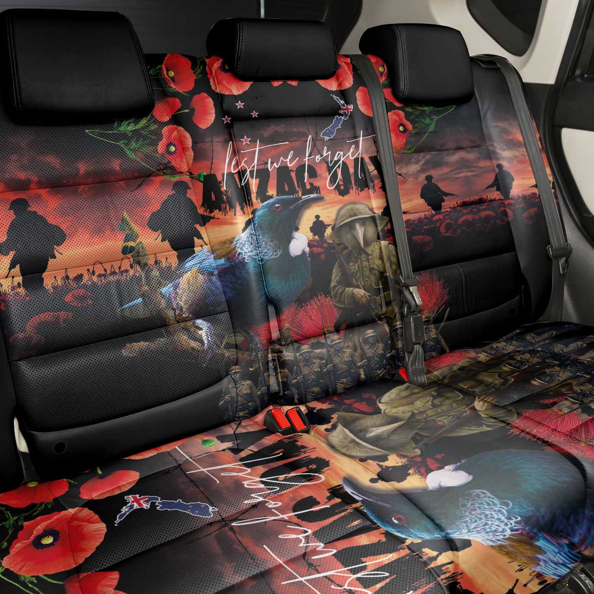 New Zealand ANZAC Day Back Car Seat Cover Tui Bird and Kiwi Bird Soldier - Forever in My Thoughts LT03 - Polynesian Pride