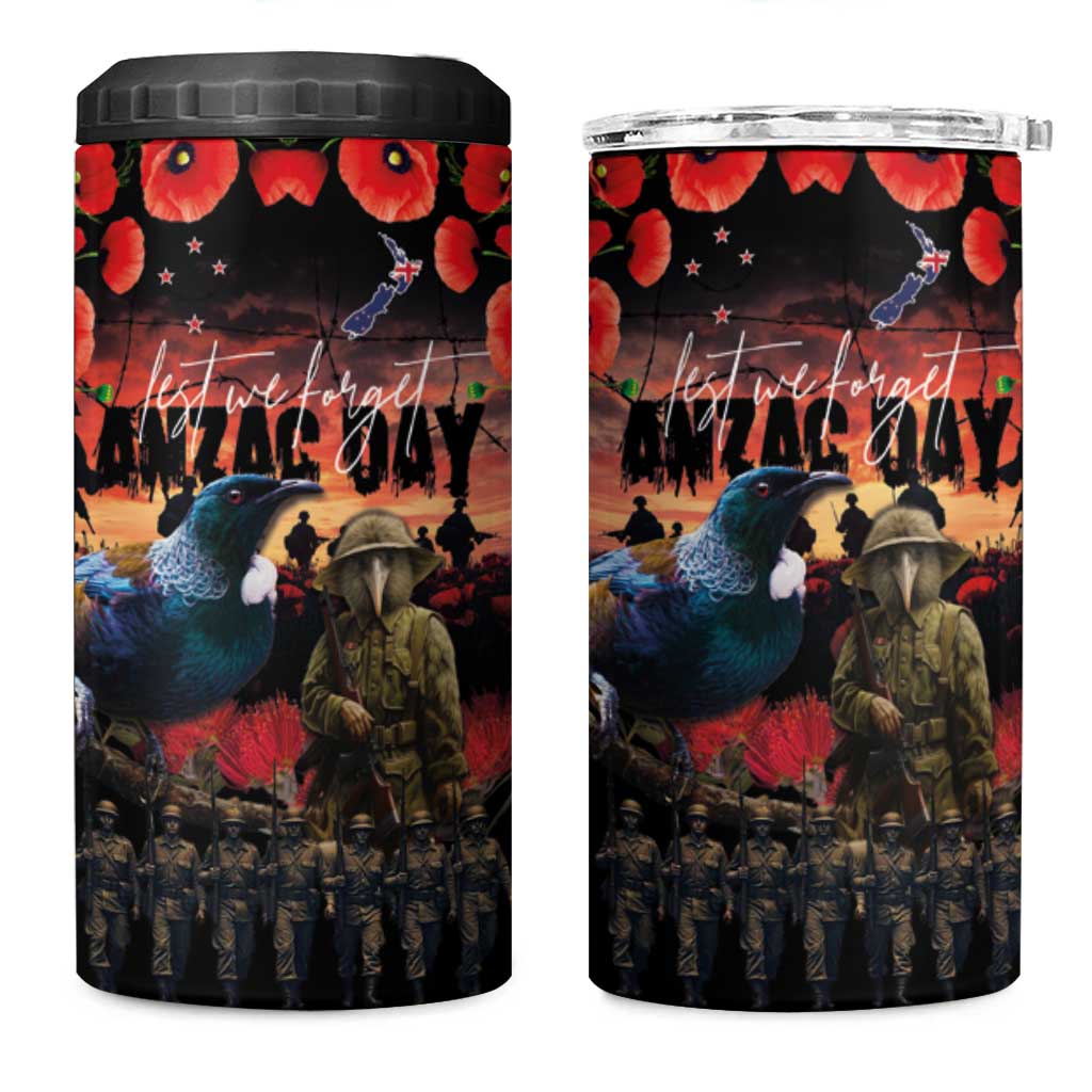 New Zealand ANZAC Day 4 in 1 Can Cooler Tumbler Tui Bird and Kiwi Bird Soldier Forever in My Thoughts LT03 One Size: 16 oz Black - Polynesian Pride