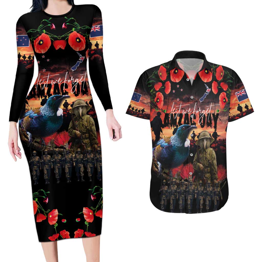 New Zealand ANZAC Day Couples Matching Long Sleeve Bodycon Dress and Hawaiian Shirt Tui Bird and Kiwi Bird Soldier - Forever in My Thoughts LT03 Black - Polynesian Pride