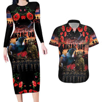 New Zealand ANZAC Day Couples Matching Long Sleeve Bodycon Dress and Hawaiian Shirt Tui Bird and Kiwi Bird Soldier - Forever in My Thoughts LT03 Black - Polynesian Pride