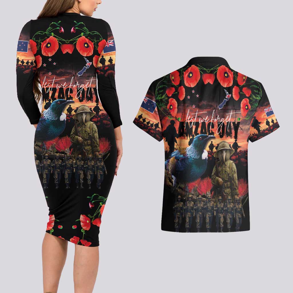New Zealand ANZAC Day Couples Matching Long Sleeve Bodycon Dress and Hawaiian Shirt Tui Bird and Kiwi Bird Soldier - Forever in My Thoughts LT03 - Polynesian Pride