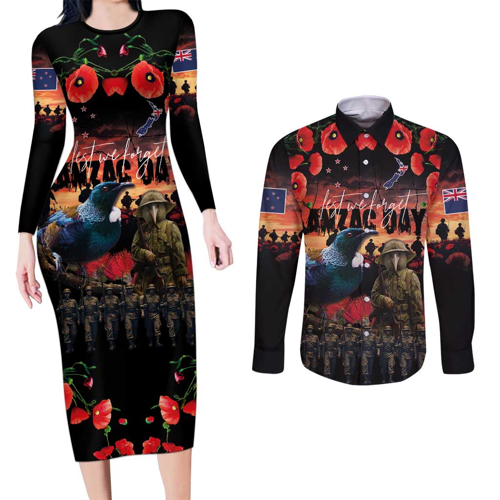 New Zealand ANZAC Day Couples Matching Long Sleeve Bodycon Dress and Long Sleeve Button Shirt Tui Bird and Kiwi Bird Soldier - Forever in My Thoughts LT03 Black - Polynesian Pride