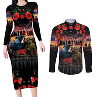 New Zealand ANZAC Day Couples Matching Long Sleeve Bodycon Dress and Long Sleeve Button Shirt Tui Bird and Kiwi Bird Soldier - Forever in My Thoughts LT03 Black - Polynesian Pride