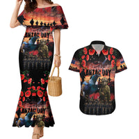 New Zealand ANZAC Day Couples Matching Mermaid Dress and Hawaiian Shirt Tui Bird and Kiwi Bird Soldier - Forever in My Thoughts LT03 Black - Polynesian Pride