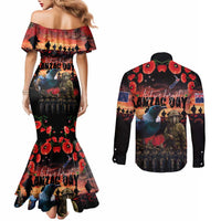 New Zealand ANZAC Day Couples Matching Mermaid Dress and Long Sleeve Button Shirt Tui Bird and Kiwi Bird Soldier - Forever in My Thoughts LT03 - Polynesian Pride
