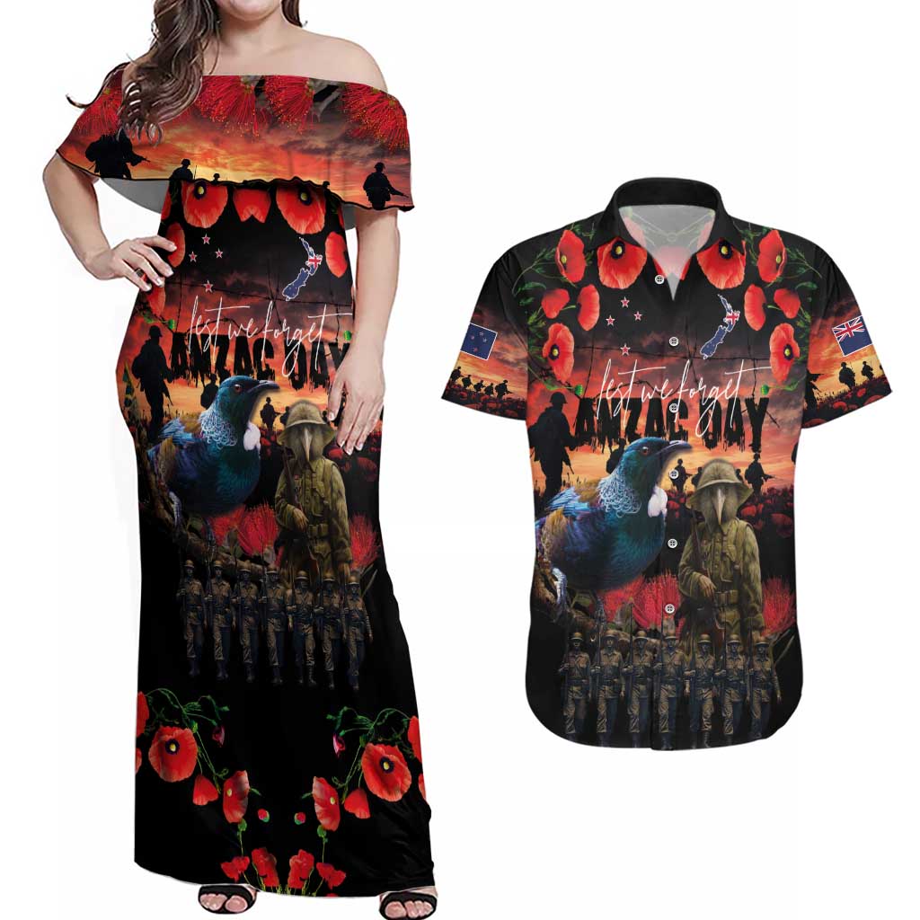 New Zealand ANZAC Day Couples Matching Off Shoulder Maxi Dress and Hawaiian Shirt Tui Bird and Kiwi Bird Soldier - Forever in My Thoughts LT03 Black - Polynesian Pride