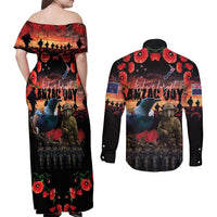 New Zealand ANZAC Day Couples Matching Off Shoulder Maxi Dress and Long Sleeve Button Shirt Tui Bird and Kiwi Bird Soldier - Forever in My Thoughts LT03 - Polynesian Pride