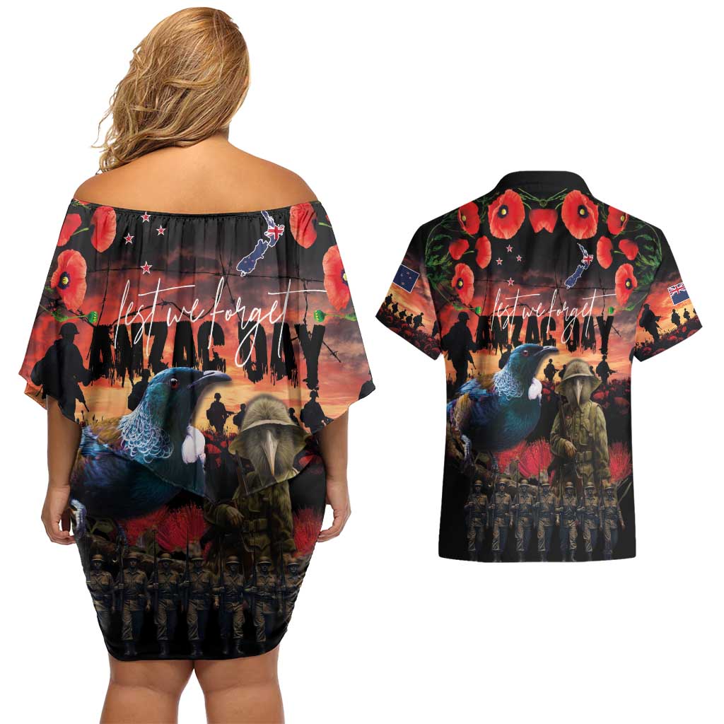 New Zealand ANZAC Day Couples Matching Off Shoulder Short Dress and Hawaiian Shirt Tui Bird and Kiwi Bird Soldier - Forever in My Thoughts LT03 - Polynesian Pride